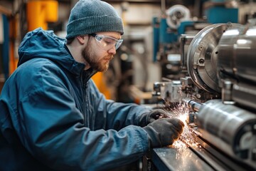 Poster - Metal worker polishing metal detail with power tool creating sparks