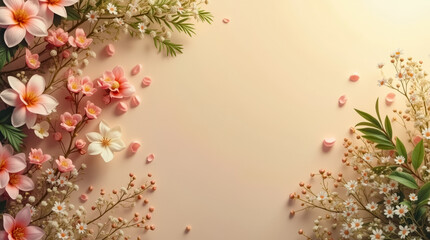 Poster - A beautiful display of pastel pink and white flowers intertwined with green leaves, creating a tranquil and soft ambiance perfect for spring decor