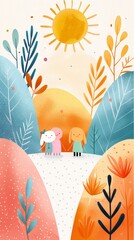 Whimsical illustration of three children in nature with sun and colorful hills, perfect for children's storybooks or nature-themed designs.