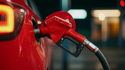 Red fuel nozzle inserting into car gas tank, dark background