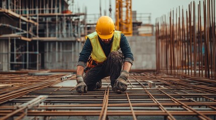 Construction worker wearing a yellow hard hat and safety vest handling steel rebar at a building site with scaffolding in the background