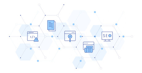 Seo Banner Vector Illustration with Icon Style in Between. Line Duotone icon. Containing article, seo, usability, report, coding