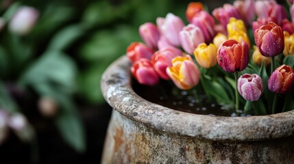 A collection of vibrant tulips, displaying a variety of colors from pink to yellow, stands in a rustic stone pot surrounded by lush green foliage after a light rain.