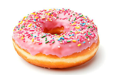 A whimsical illustration of a donut with pink icing and sprinkles, isolated on a white background