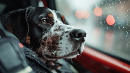 A calm and peaceful hound gazes out of a vehicle window, taking in the scenery with tranquil and thoughtful eyes, depicting serenity and calmness in motion.