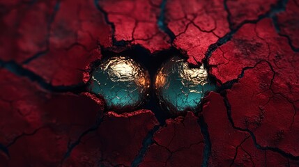 two golden balls are partially buried in a vibrant red cracked earth, creating an artistic contrast 