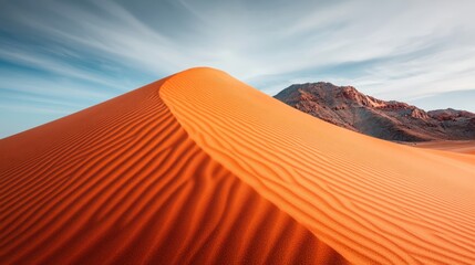 Wall Mural - A captivating sand dune rises sharply before rocky mountains, under a painterly sky, creating a scene that captures the stark and dramatic desert vista.