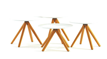 Poster - Modern Round Tables With Wooden Legs on a White Background Generative AI
