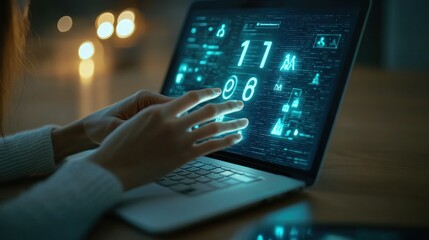 Poster - In a softly illuminated room, a person engages with an interactive digital display on a laptop, highlighting the fusion of technology and a cozy atmosphere during evening hours