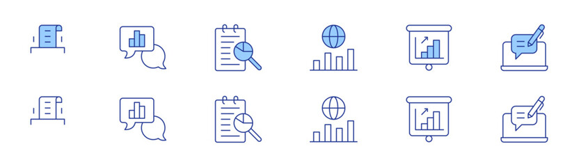 Seo icon set in two styles, Duotone and Thin Line style. Editable stroke. data, seo, presentation, analytic, analysis, blogging