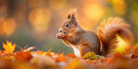 Wall Mural - Red squirrel holding nut in autumn leaves background