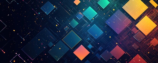 Poster - abstract background featuring blue and yellow geometric shapes with digital grid design and dynamic 