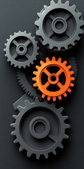 Poster - Abstract illustration of metallic gears in motion with a striking orange gear for industrial and mechanical themes