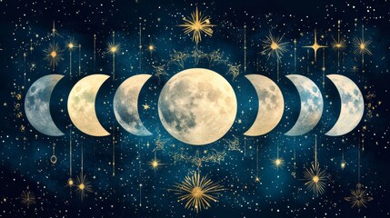 Celestial Moon Phases with Golden Stars