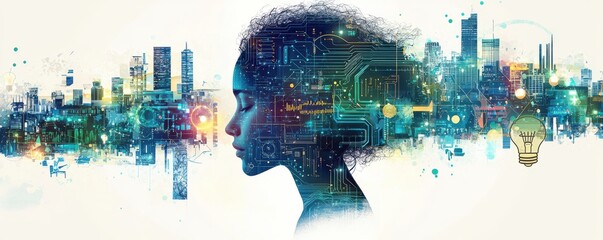 Poster - Illustration depicting digital innovation and technology with a woman's profile intertwined with vibrant circuitry and a light bulb symbolizing ideas