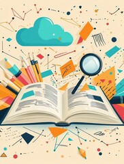 Poster - Creative illustration of an open book surrounded by pencils, magnifying glass, and colorful geometric designs