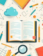 Poster - Open book with school supplies including pens and pencils surrounded by abstract geometric shapes and a magnifying glass