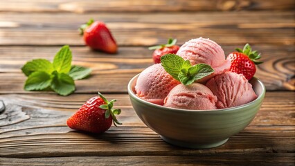 Wall Mural - Strawberry ice cream bowl on wooden table with depth of field