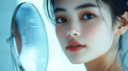 Poster - Close-up of a woman's face featuring AI-driven effects with digital enhancements showcasing advanced technology and innovation in a futuristic setting