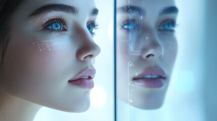Poster - Close-up of a woman's face interacting with AI-driven technology interface, showcasing innovation, futuristic design, and advanced digital interface.