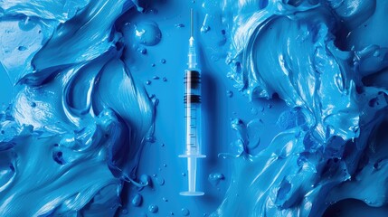 Detailed View of Syringe Filled with Blue Liquid and Vibrant Blue Paint Splashes