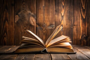 Study scene with books on dark wood backdrop an open book beckons exploration Macro