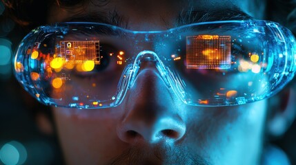 Poster - Close-up portrait of a man wearing augmented reality headset with digital interface reflections in a futuristic environment