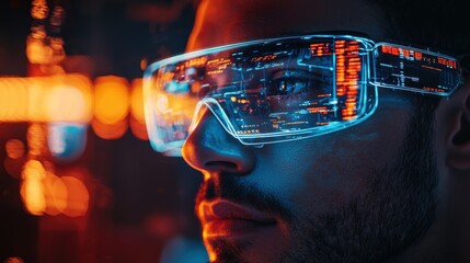 Poster - Close-up portrait of a man wearing augmented reality glasses with digital interface and futuristic display. Technology highlighting innovation and advanced virtual experiences.