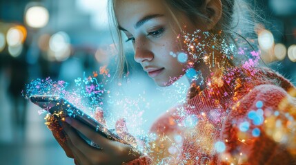Poster - Close-up portrait of a person holding a smartphone with digital holographic display