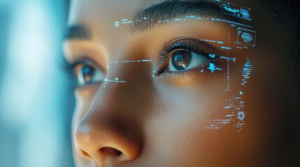 Poster - Close-up portrait of a person with digital interface elements reflecting on face, symbolizing futuristic technology and innovation.