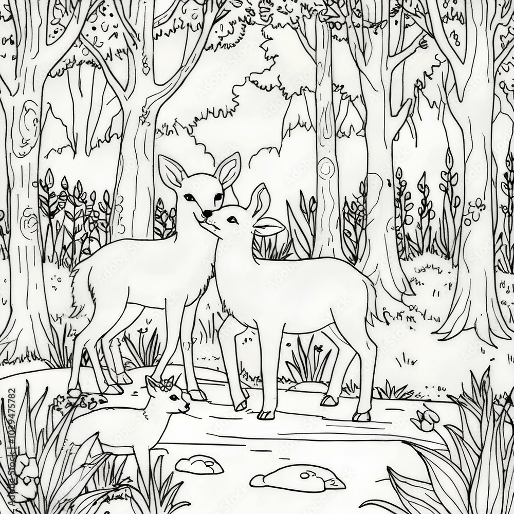 Peaceful Forest Scene Coloring Page with Deer, Rabbit, Bird, and Fox ...