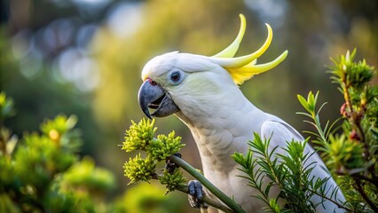 Wall Mural - Sulphur crested Cockatoo feeding on plants from a low angle view