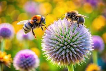 Wall Mural - Summer scene of bumblebee and fly collecting nectar on a round flower in a garden panorama