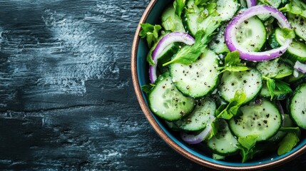 A delectable cucumber salad with slices of red onion and garnishes of parsley, enhanced with seasoning, served in an appealing bowl on textured surface.