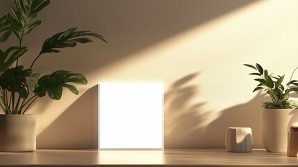 Poster - a minimalist interior showcasing a square light fixture on a wooden table surrounded by potted plant