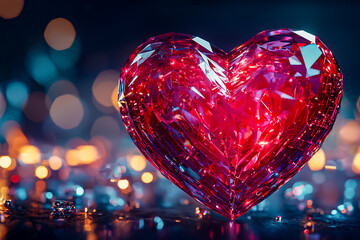 Poster - This vivid red crystal heart radiates light, captivating attention with its brilliance while warm, twinkling lights create a festive atmosphere around it