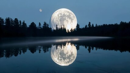 Aufkleber - Breathtaking view of a large full moon rising over a serene lake, its ethereal glow reflected perfectly on the water's surface, creating a mesmerizing spectacle