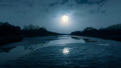 Aufkleber - The full moon is reflecting on the mirror like surface of a river, illuminating the night sky and the clouds, while trees stand still on the riverbank
