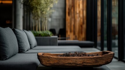 A sleek contemporary indoor setting featuring a rustic wooden bowl centerpiece on a modern bench, with ambient natural light creating a serene and inviting atmosphere.