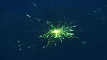 Poster - Vibrant green firework explodes in the dark night sky, leaving light trails behind. Perfect for celebrations like fourth of july or new year's eve parties
