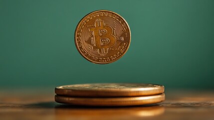 A Bitcoin coin appears to float above two stacked coins, symbolizing digital currency.