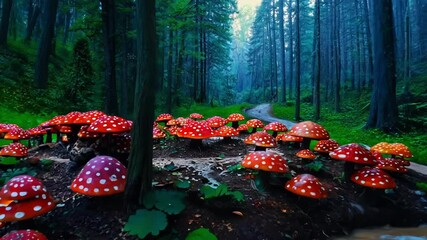 Aufkleber - Winding dirt path through a magical forest with vibrant red mushrooms and lush greenery, creating an enchanted and whimsical atmosphere perfect for escaping into a world of fantasy and wonder
