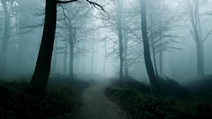 Aufkleber - Wandering through a mysterious forest on a foggy autumn day. A gravel path winds amidst eerie trees and green ferns. Creating a spooky and scenic atmosphere perfect for outdoor exploration in bavaria