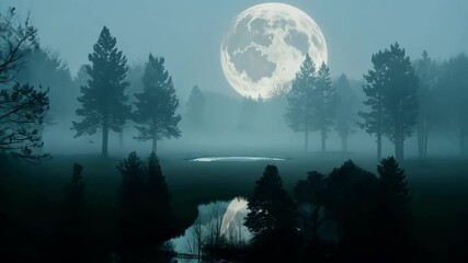 Aufkleber - Bright full moon shines over a mysterious forest with a tranquil lake reflecting tree silhouettes, creating a magical and eerie scene