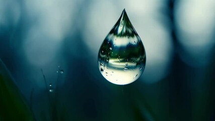 Aufkleber - Macro image of a large water droplet hanging on a blade of grass with smaller droplets reflecting the sky in the background