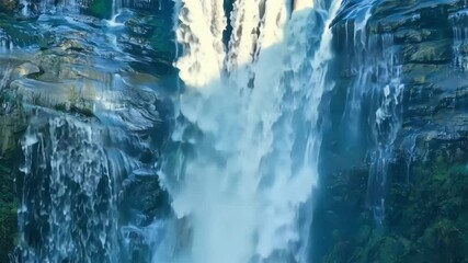 Poster - Water is cascading down a mountainside covered in lush green vegetation, creating a beautiful waterfall that flows into a river below