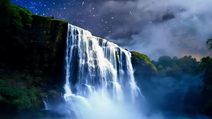 Poster - Stunning waterfall cascading down a mountainside under a starry night sky. With the milky way shining brightly in the background
