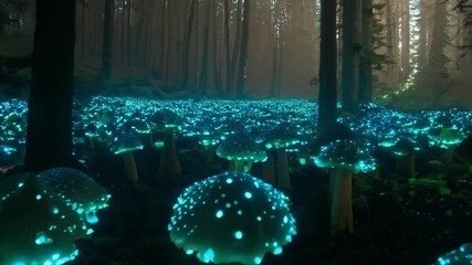 Aufkleber - Mystical forest at night with glowing mushrooms creating a magical atmosphere. Green and blue hues add to the enchanting scene