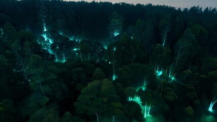 Aufkleber - Captivating aerial view of a glowing green forest at night, creating a magical, surreal landscape evoking wonder and mystery