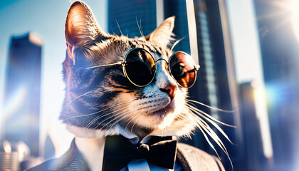 A fashionable cat in a suit and sunglasses in a city setting, exuding charm and sophistication. The urban backdrop highlights the cat's stylish attire, creating a playful yet elegant scene.

